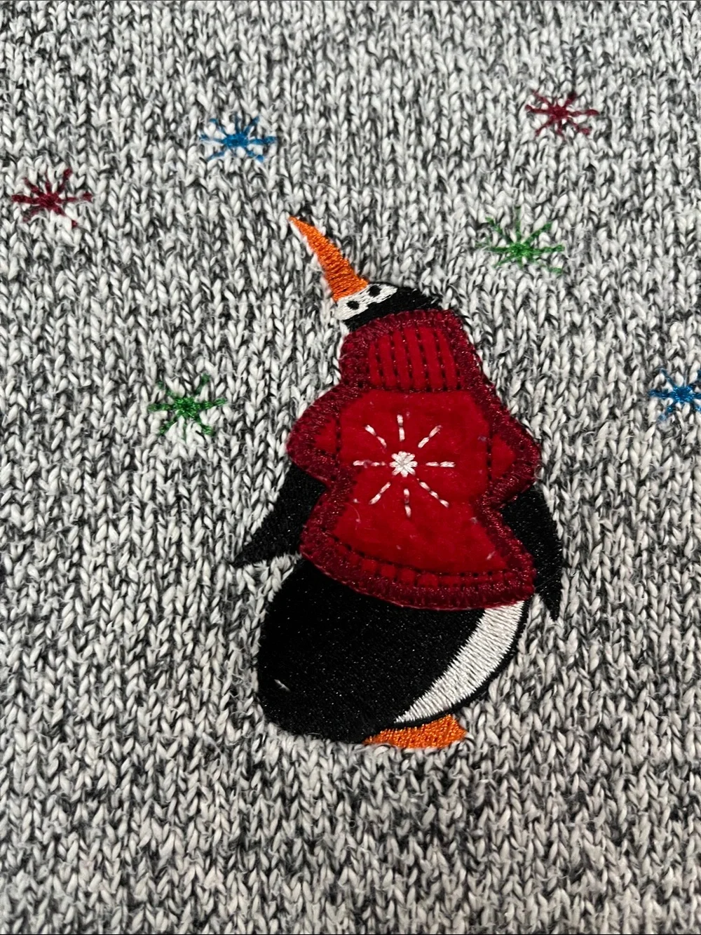 Christopher & Banks Grey Marled Crewneck Sweater with Embroidered Penguins